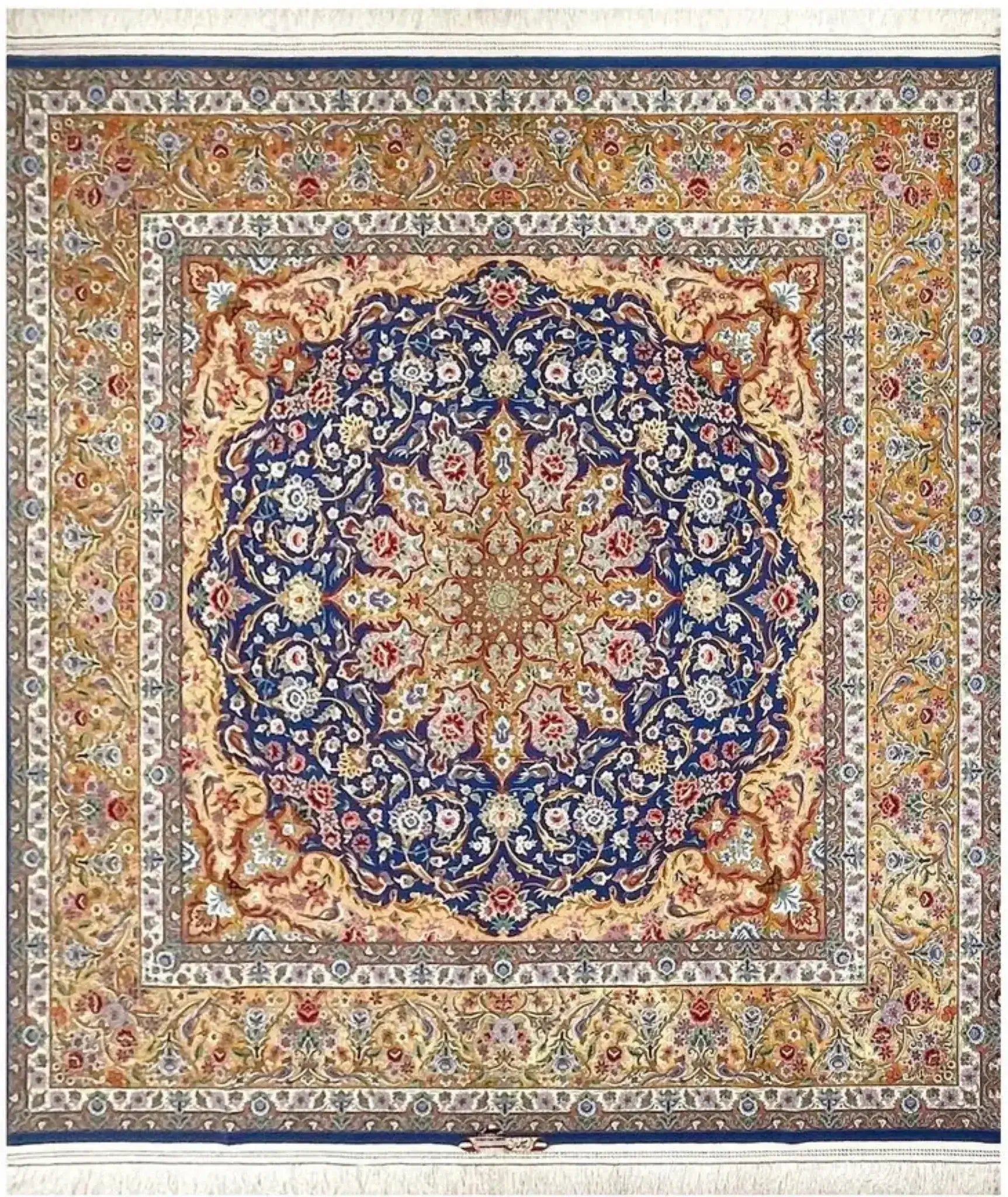 "Hand-knotted Persian Isfahan rug, 250 cm x 250 cm (8.2 feet), made with wool and silk, featuring intricate floral designs. Perfect for home or office décor."